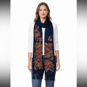 Ralph Lauren Purple Label 100% Silk Floral Print Scarf Navy Blue Luxury Designer